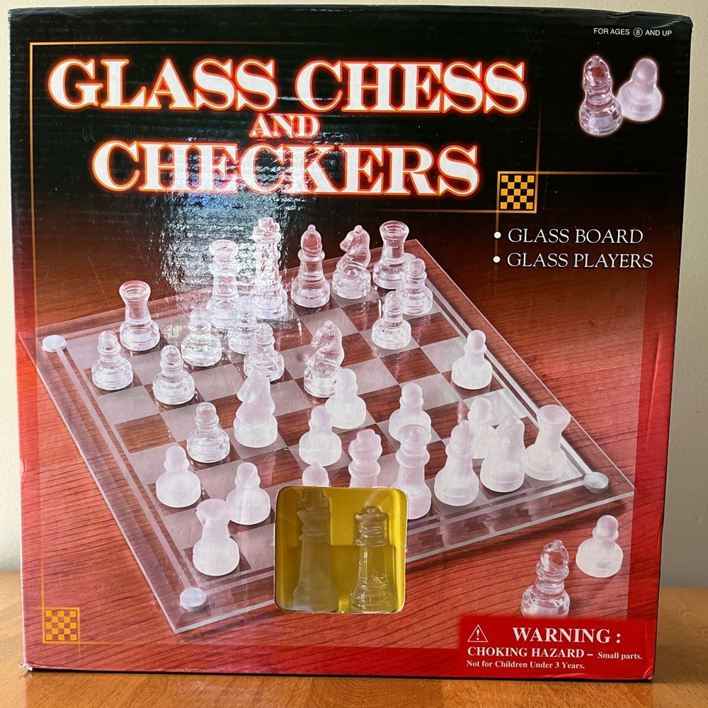 Vintage Glass Chess & Checkers Set by EXCITE. New in box.